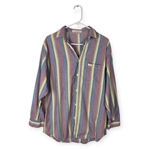 Vintage 80s Guess Purple Blue Yellow Striped Button Up Shirt